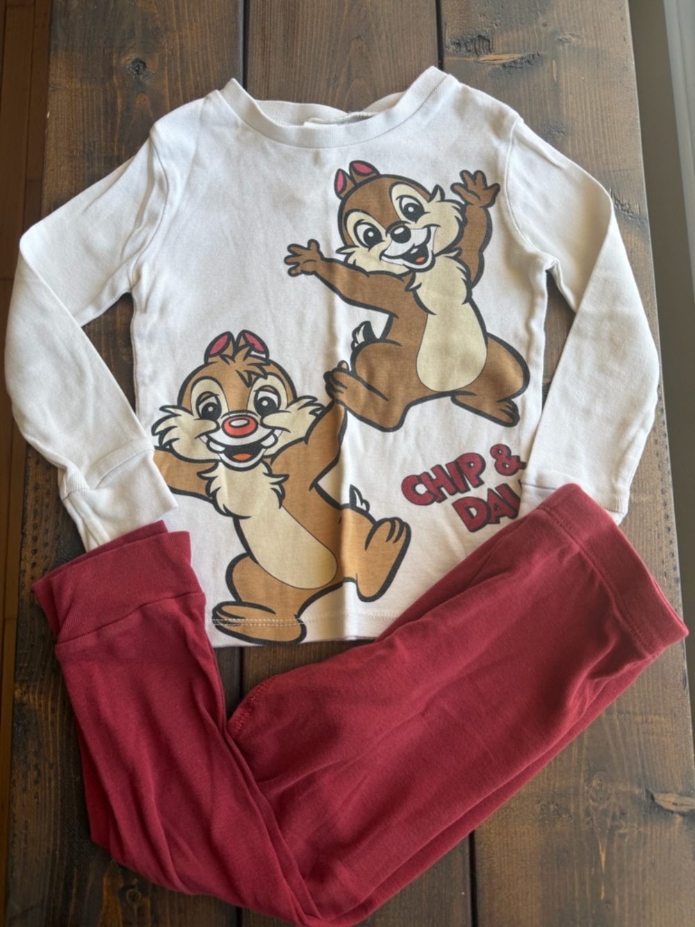 H&M Disney 4T Cream and Burgandy Long Sleeve Pajama Set Ft. Chip n Dale